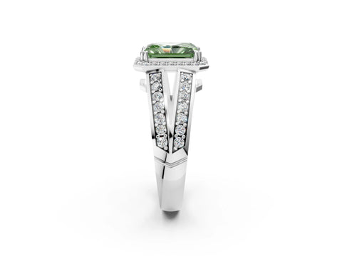 White gold Fancy Green Radiant Cut Diamond Halo Ring with Split Shank Pavé Band and Four-Prong Setting_2