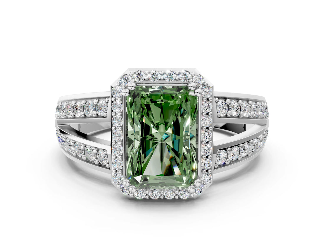 White gold Fancy Green Radiant Cut Diamond Halo Ring with Split Shank Pavé Band and Four-Prong Setting_36
