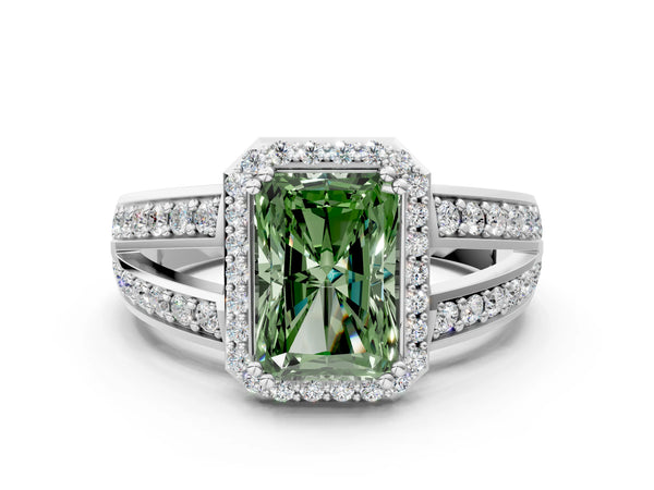 Platinum Fancy Green Radiant Cut Diamond Halo Ring with Split Shank Pavé Band and Four-Prong Setting