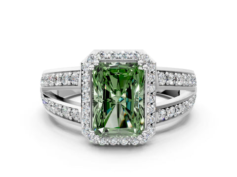 White gold Fancy Green Radiant Cut Diamond Halo Ring with Split Shank Pavé Band and Four-Prong Setting_36