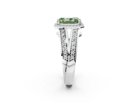 White gold Fancy Green Radiant Cut Diamond Halo Ring with Split Shank Pavé Band and Four-Prong Setting_38