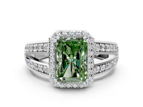 White gold Fancy Green Radiant Cut Diamond Halo Ring with Split Shank Pavé Band and Four-Prong Setting_48