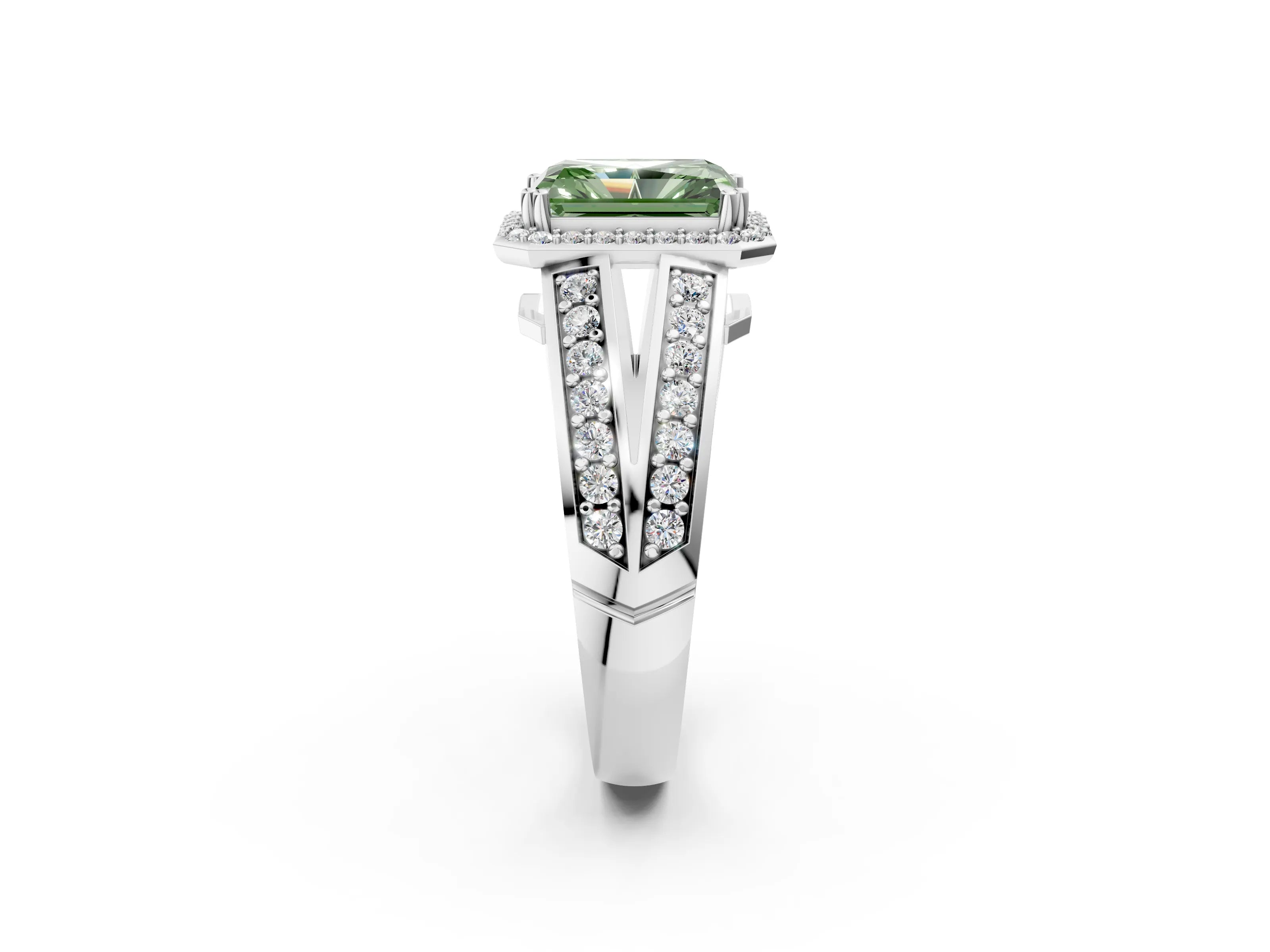 White gold Fancy Green Radiant Cut Diamond Halo Ring with Split Shank Pavé Band and Four-Prong Setting_50
