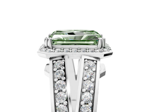 White gold Fancy Green Radiant Cut Diamond Halo Ring with Split Shank Pavé Band and Four-Prong Setting_53