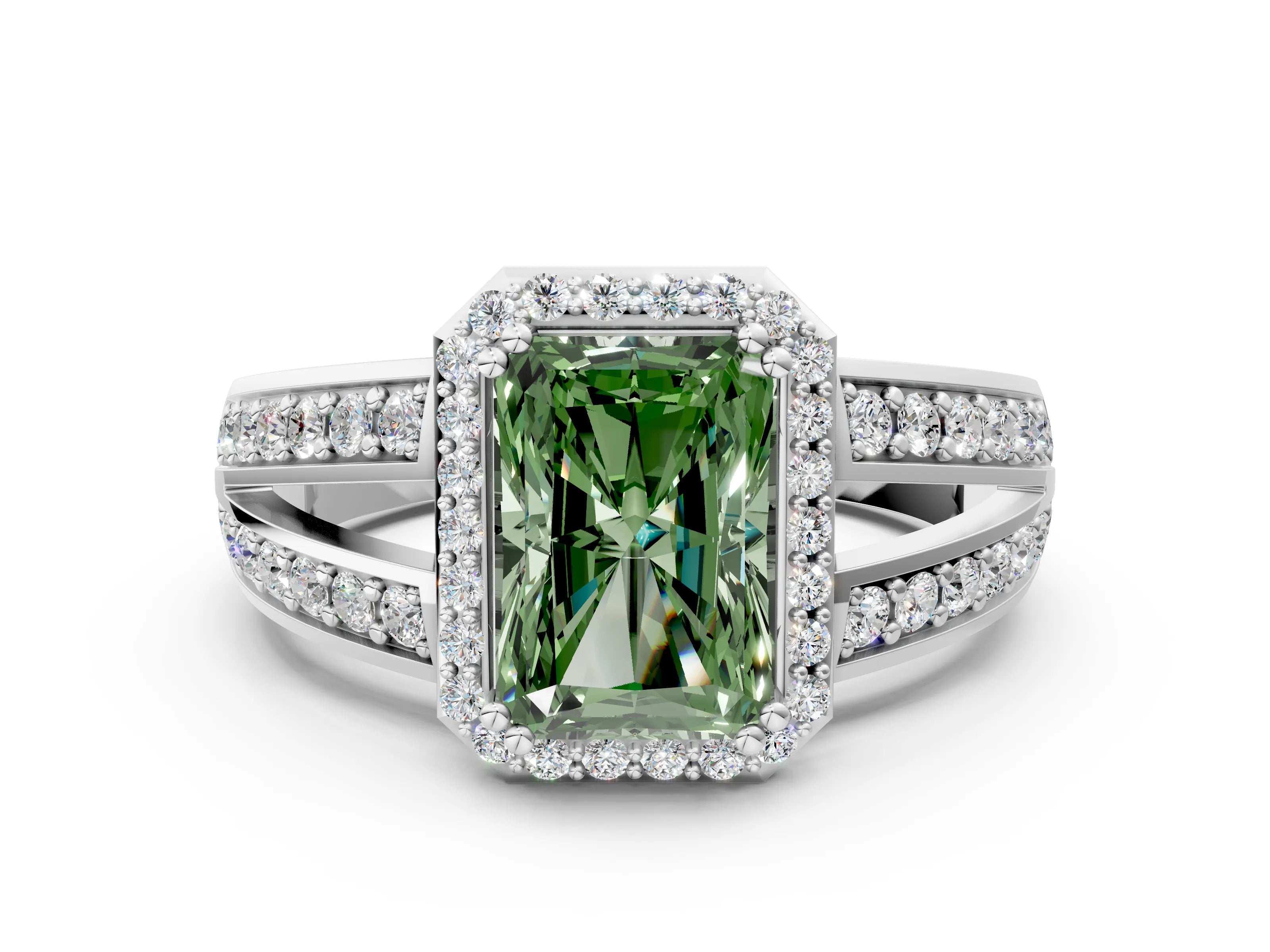 White gold Fancy Green Radiant Cut Diamond Halo Ring with Split Shank Pavé Band and Four-Prong Setting_60