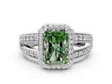 White gold Fancy Green Radiant Cut Diamond Halo Ring with Split Shank Pavé Band and Four-Prong Setting_60