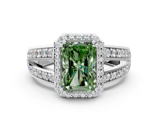 Platinum Fancy Green Radiant Cut Diamond Halo Ring with Split Shank Pavé Band and Four-Prong Setting