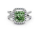 White gold Fancy Green Radiant Cut Diamond Halo Ring with Split Shank Pavé Band and Prong Setting_79
