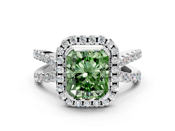 Platinum Fancy Green Radiant Cut Diamond Halo Ring with Split Shank Pavé Band and Prong Setting