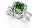 White gold Fancy Green Radiant Cut Diamond Halo Ring with Split Shank Pavé Band and Prong Setting_80