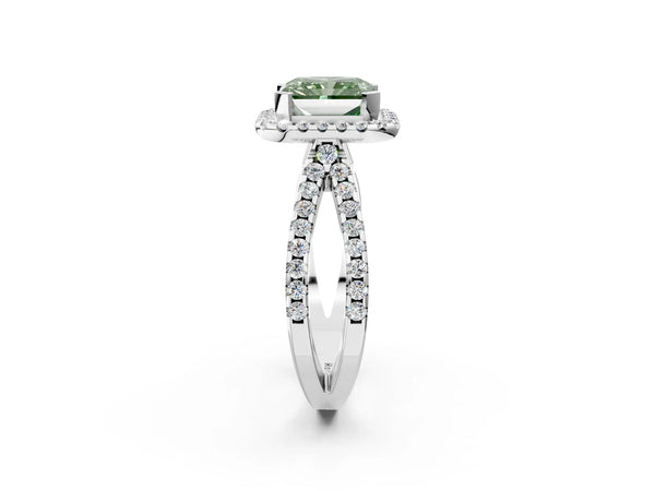 Platinum Fancy Green Radiant Cut Diamond Halo Ring with Split Shank Pavé Band and Prong Setting