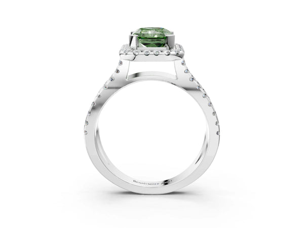 Platinum Fancy Green Radiant Cut Diamond Halo Ring with Split Shank Pavé Band and Prong Setting