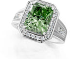 White gold Fancy Green Radiant Cut Diamond Halo Ring with Split Shank and Bezel Accents and Prong Setting_1