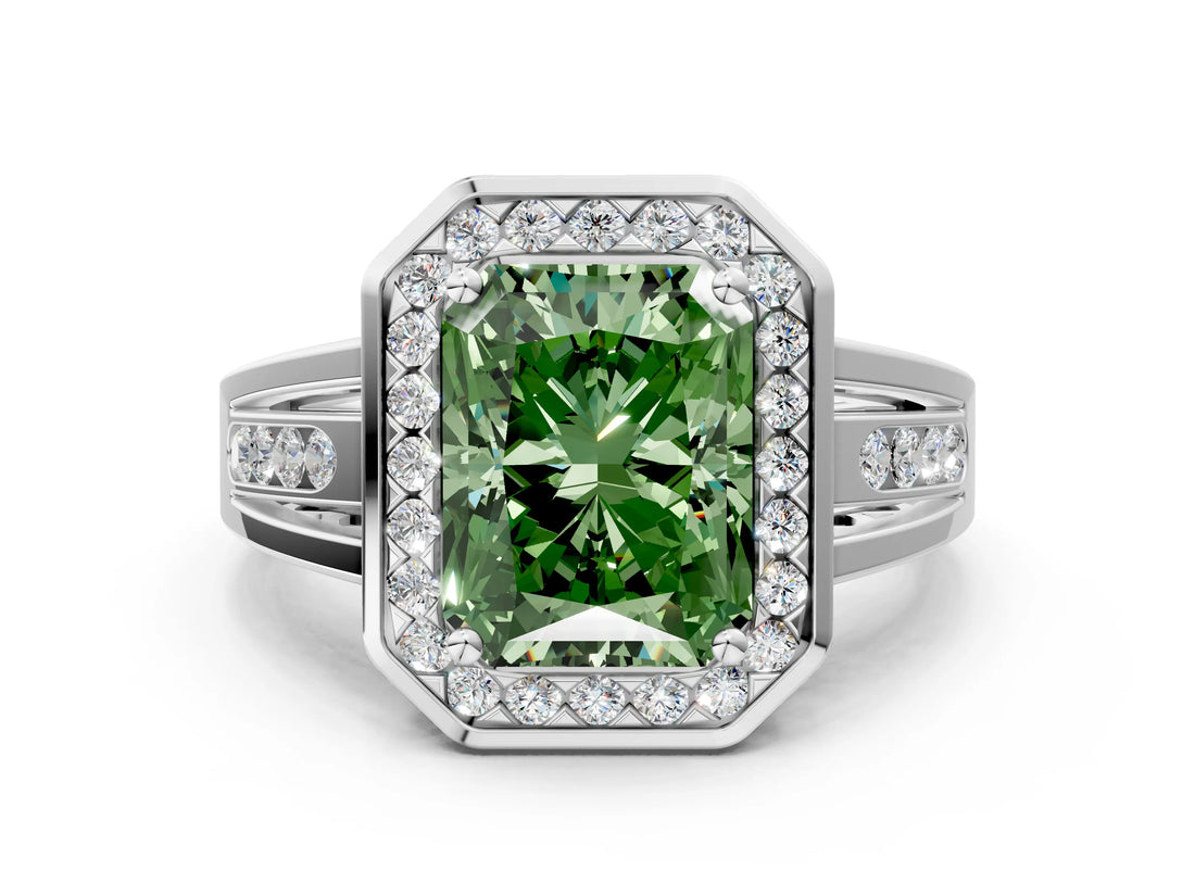 White gold Fancy Green Radiant Cut Diamond Halo Ring with Split Shank and Bezel Accents and Prong Setting