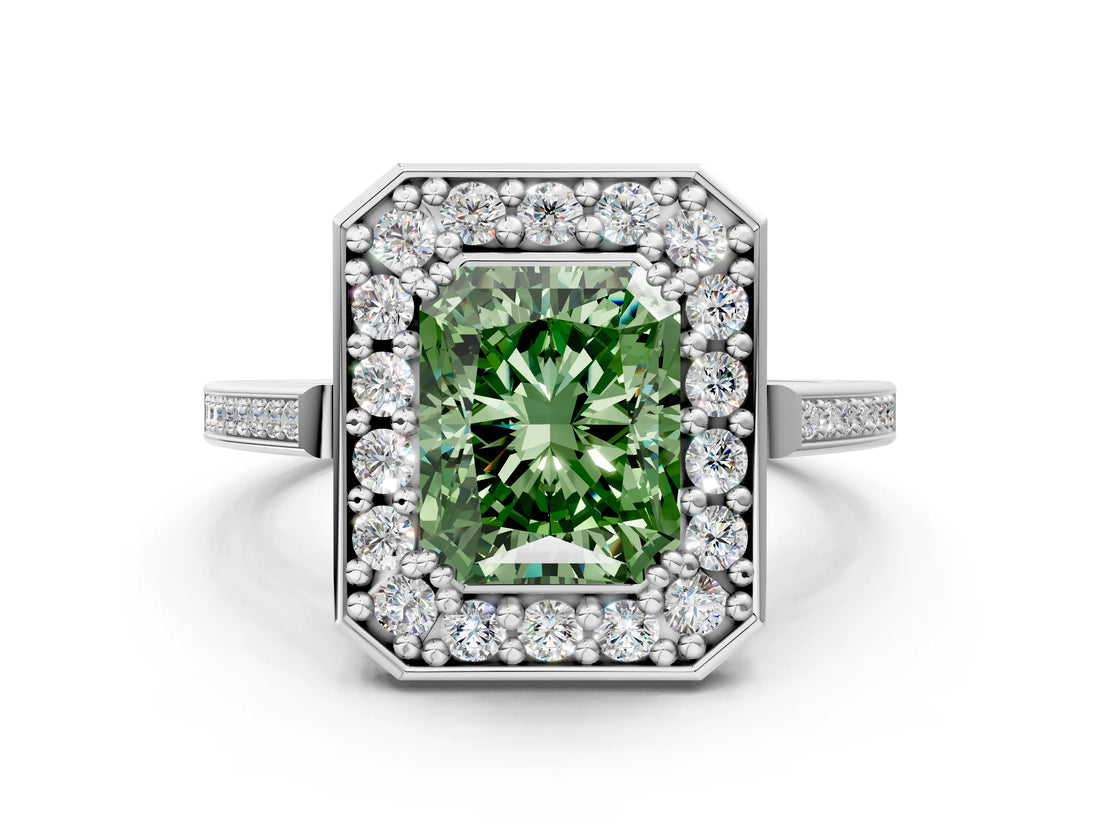 White gold Fancy Green Radiant Cut Diamond Halo Ring with Split Shank and Four-Prong Setting_65