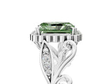 White gold Fancy Green Radiant Cut Diamond Halo Ring with Vintage Split Shank and Four-Prong Setting_90
