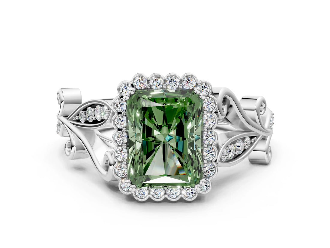 White gold Fancy Green Radiant Cut Diamond Halo Ring with Vintage Split Shank and Four-Prong Setting_97