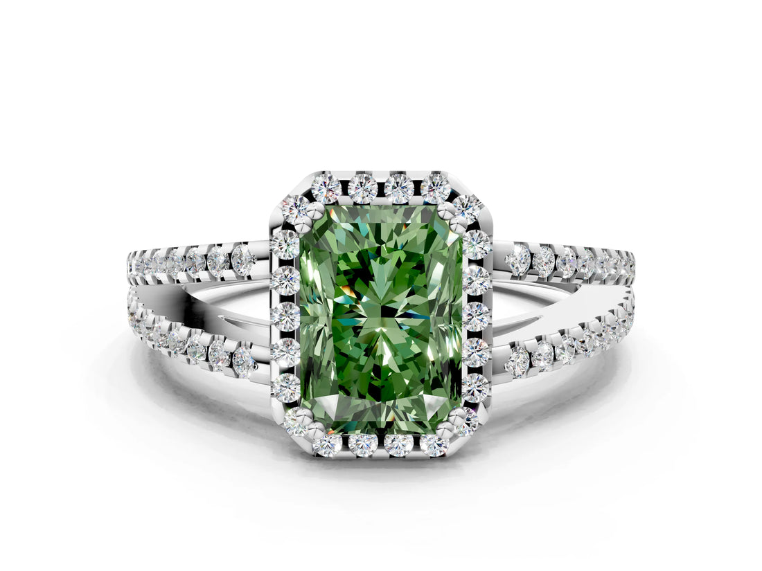 White gold Fancy Green Radiant Cut Diamond Halo Split Shank Engagement Ring_51