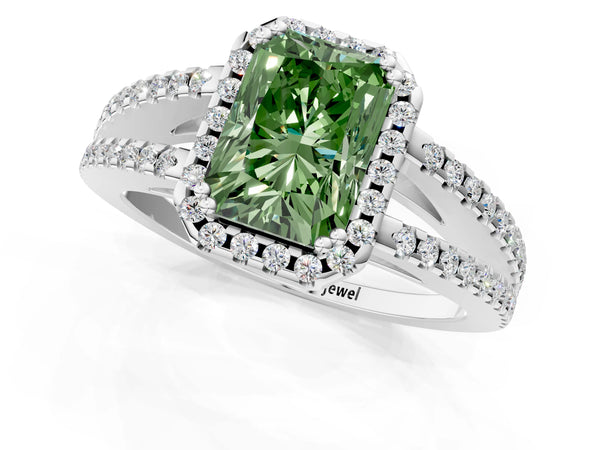 Platinum Fancy Green Radiant Cut Diamond Halo Split Shank Engagement Ring