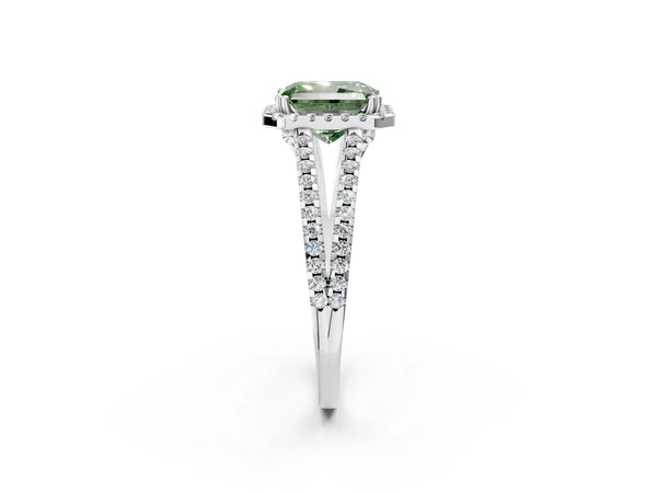 Platinum Fancy Green Radiant Cut Diamond Halo Split Shank Engagement Ring