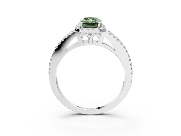 Platinum Fancy Green Radiant Cut Diamond Halo Split Shank Engagement Ring