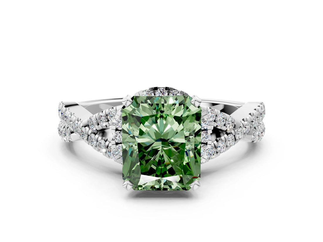 White gold Fancy Green Radiant Cut Diamond  Halo Twist Band Solitaire Prong Setting Ring_50