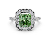 White gold Fancy Green Radiant  Cut Diamond Milgrain Floral Halo Engagement Ring with Pavé Band_15