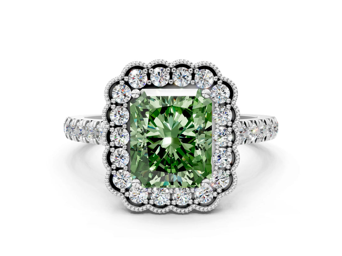 White gold Fancy Green Radiant  Cut Diamond Milgrain Floral Halo Engagement Ring with Pavé Band_15