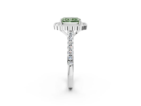 White gold Fancy Green Radiant  Cut Diamond Milgrain Floral Halo Engagement Ring with Pavé Band