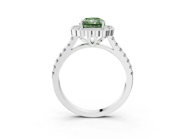 White gold Fancy Green Radiant  Cut Diamond Milgrain Floral Halo Engagement Ring with Pavé Band