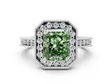 White gold Fancy Green Radiant Cut Diamond Milgrain Halo Engagement Ring with Round Pavé Band and Prong Setting_12