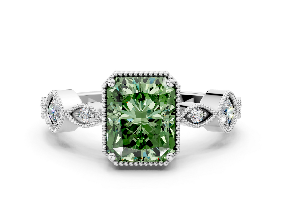 White gold Fancy Green Radiant  Cut Diamond Milgrain Marquise Band with Prong Setting_3