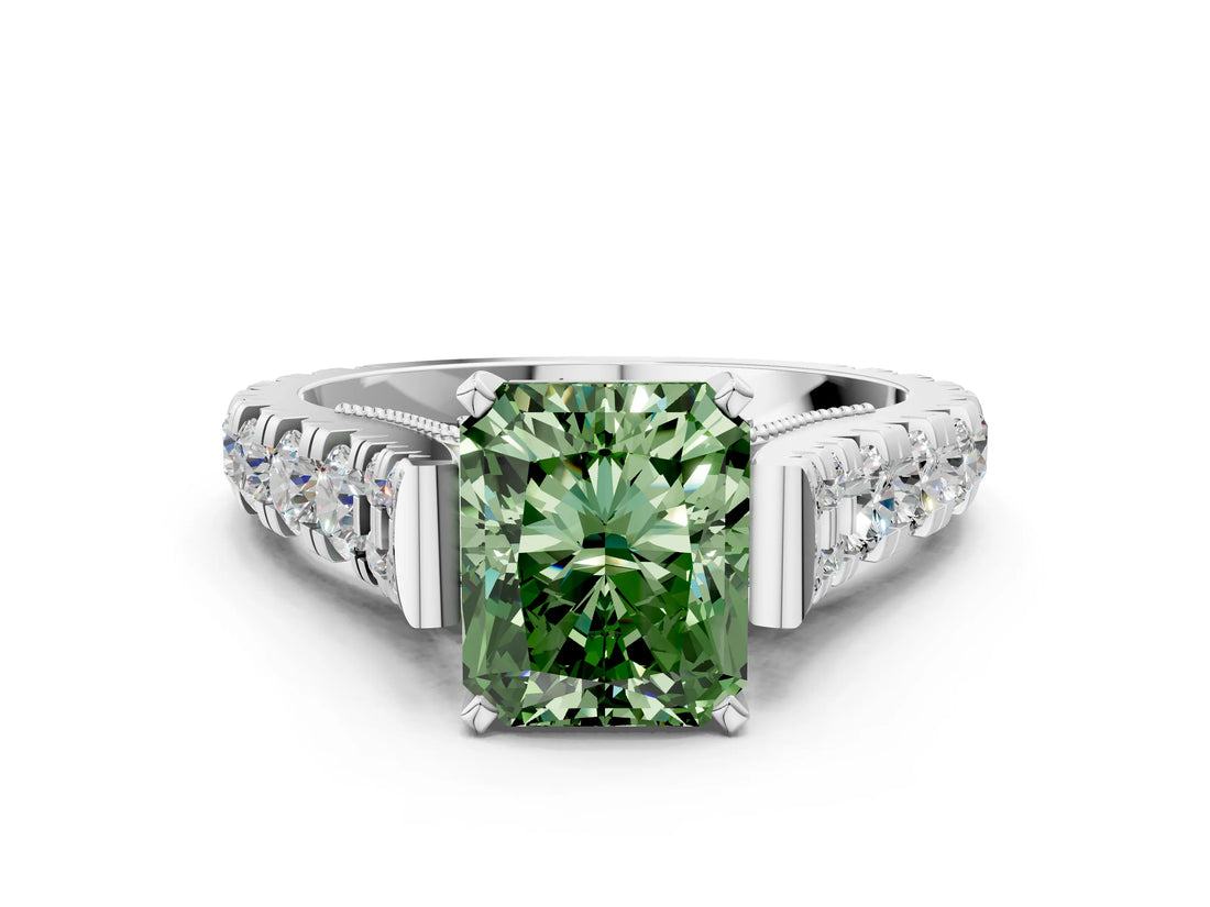 White gold Fancy Green Radiant  Cut Diamond Pavé Band Solitaire with Four-Prong Setting_15