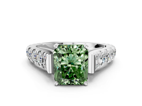 White gold Fancy Green Radiant Cut Diamond Classic Solitaire Ring with Pavé Band and Four-Prong Setting