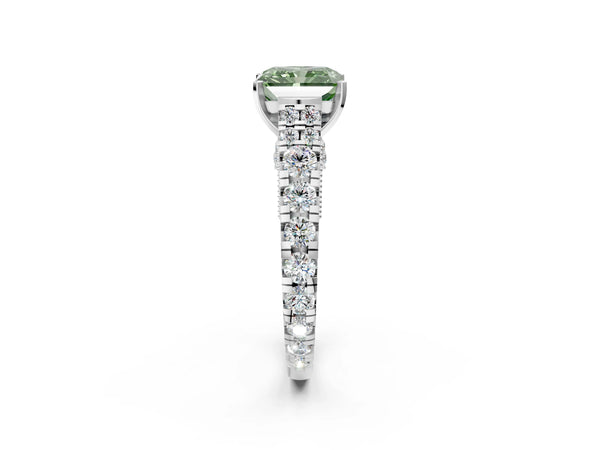 White gold Fancy Green Radiant Cut Diamond Classic Solitaire Ring with Pavé Band and Four-Prong Setting