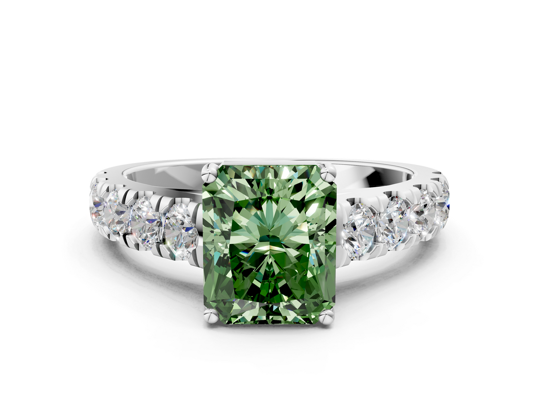 White gold Fancy Green Radiant  Cut Diamond Pavé Band Solitaire with Four-Prong Setting_3