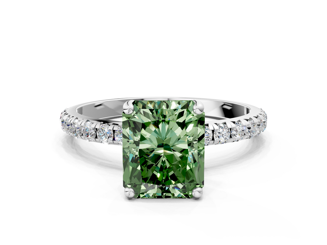 White gold Fancy Green Radiant  Cut Diamond Pavé Band Solitaire with Four-Prong Setting_3