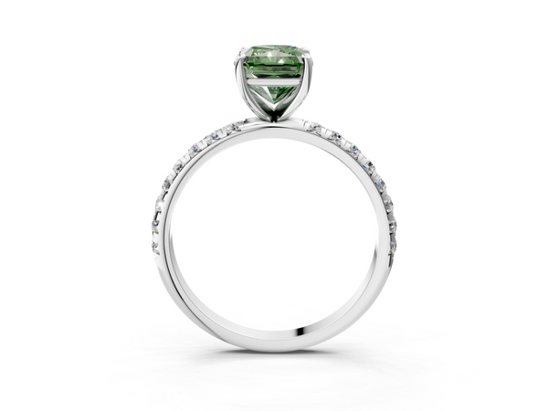 White gold Fancy Green Radiant  Cut Diamond Solitaire Ring with Micro Pave Band and Four Prong Setting