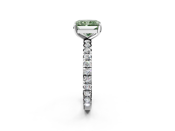 Platinum Fancy Green Radiant  Cut Diamond Pavé Band with Four-Prong Setting