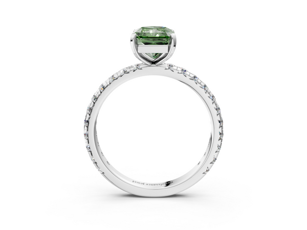 Platinum Fancy Green Radiant  Cut Diamond Pavé Band with Four-Prong Setting