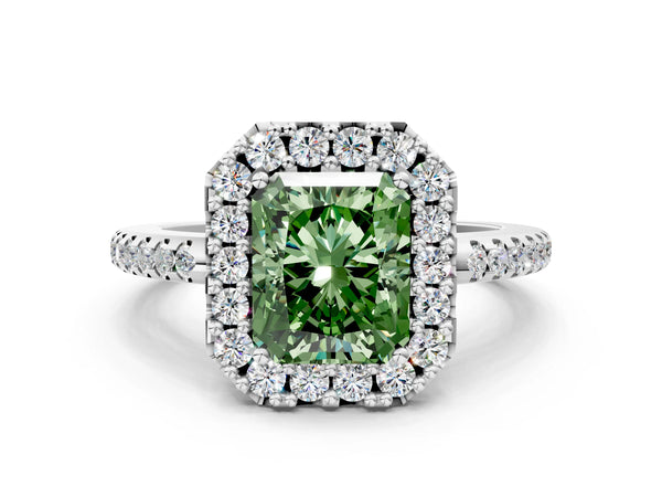 Platinum Fancy Green Radiant Cut Diamond Pavé Halo Ring with Four-Prong Setting