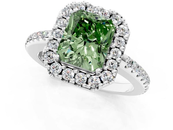 Platinum Fancy Green Radiant Cut Diamond Pavé Halo Ring with Four-Prong Setting