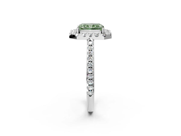 Platinum Fancy Green Radiant Cut Diamond Pavé Halo Ring with Four-Prong Setting