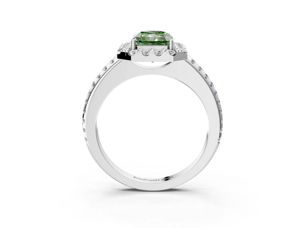 Platinum Fancy Green Radiant Cut Diamond Pavé Halo Ring with Four-Prong Setting