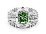 White gold Fancy Green Radiant Cut Diamond Pave Art Deco Split Shank Ring with Four-Prong Setting
