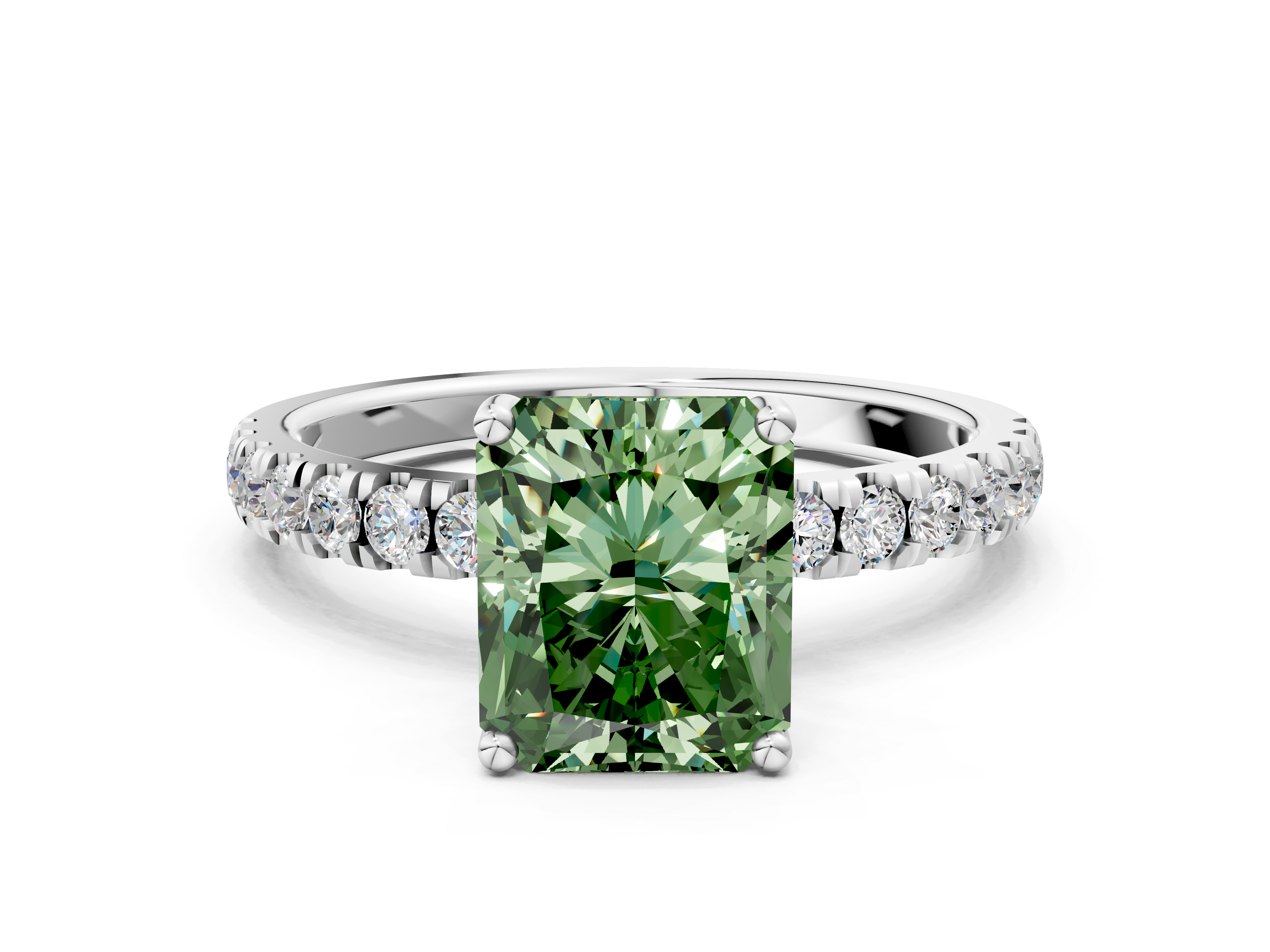 White gold Fancy Green Radiant  Cut Diamond Pave Band Solitaire Ring with Four-Prong Setting_24