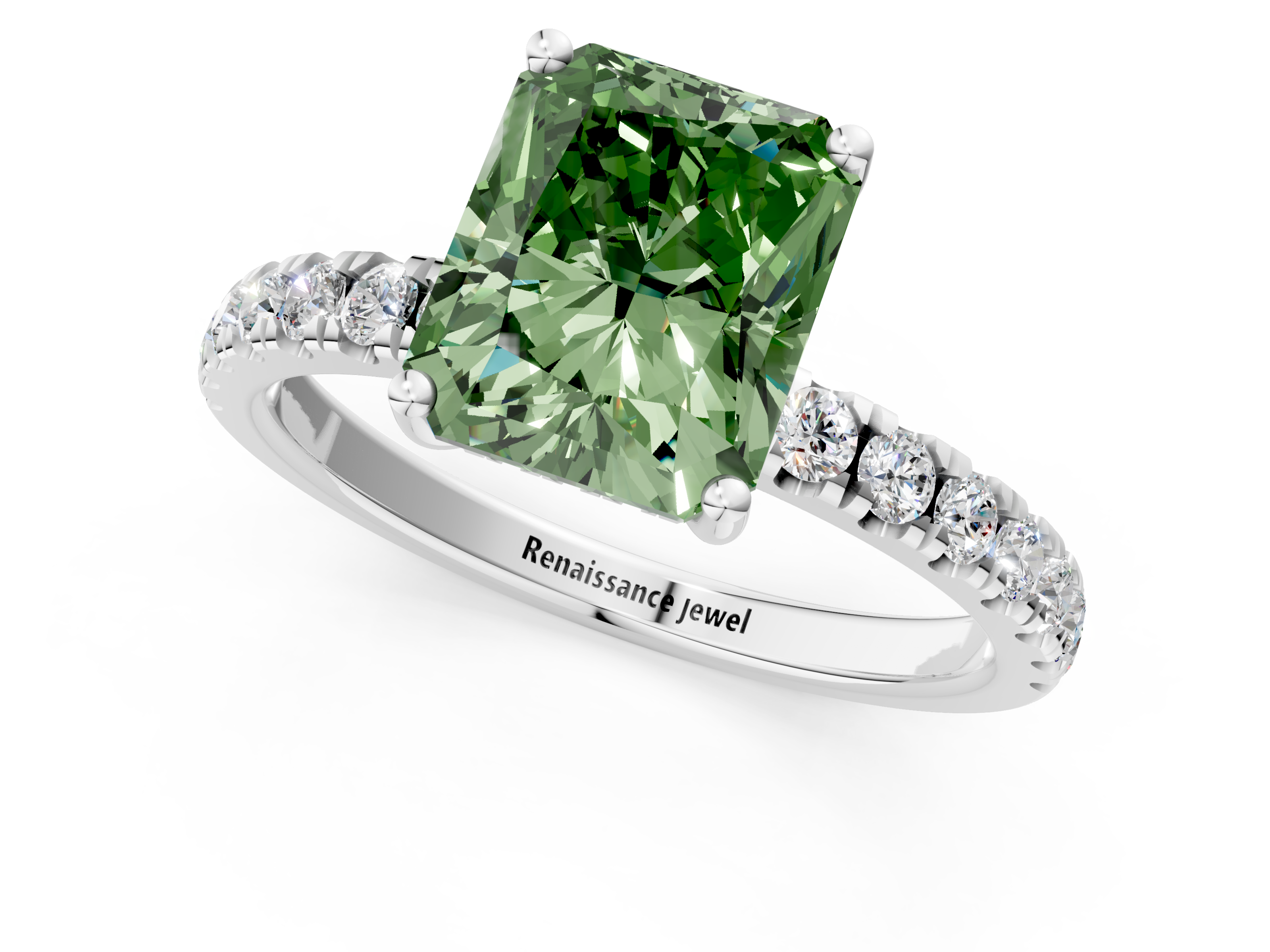 White gold Fancy Green Radiant  Cut Diamond Pave Band Solitaire Ring with Four-Prong Setting_25