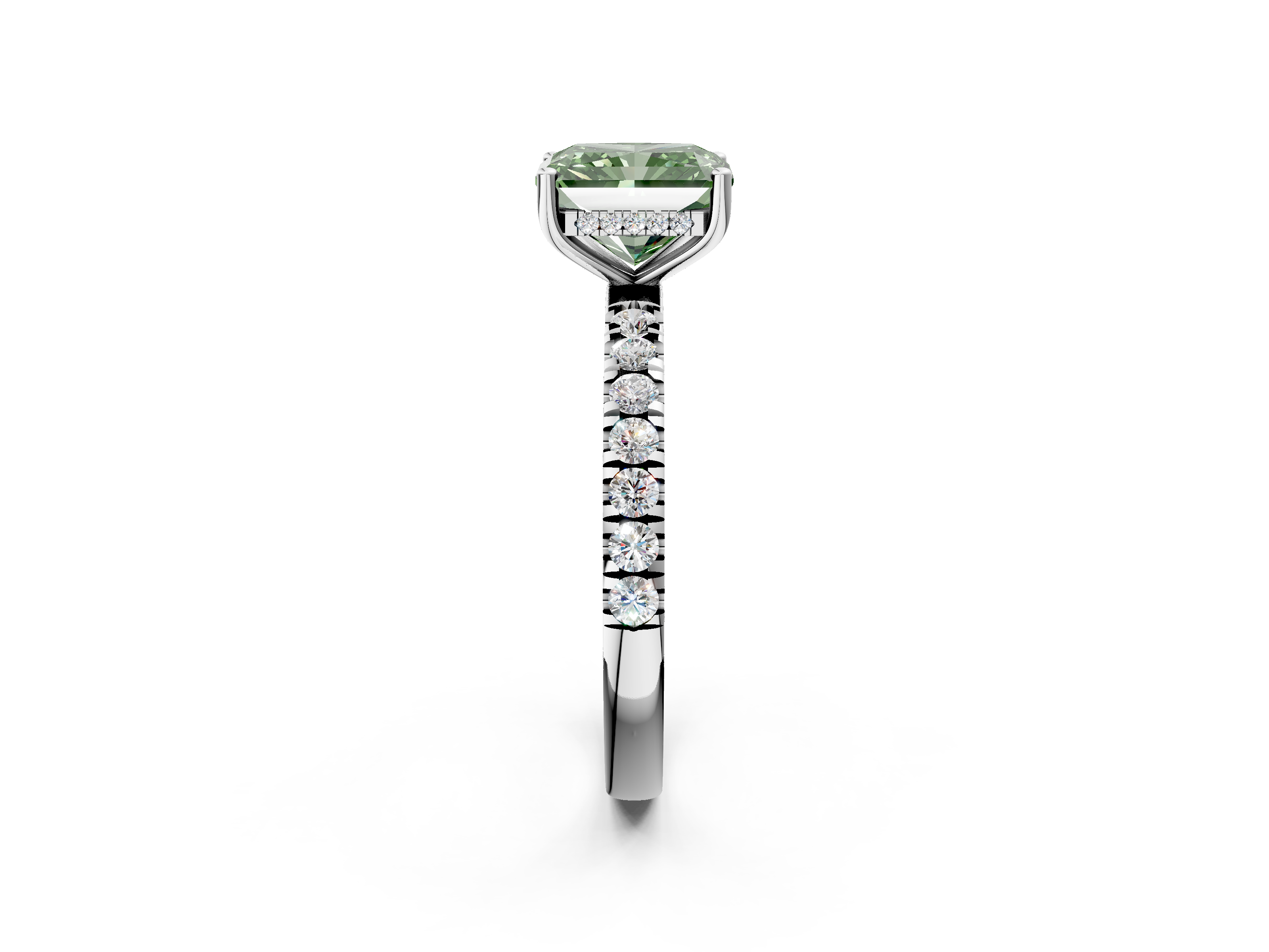 White gold Fancy Green Radiant  Cut Diamond Pave Band Solitaire Ring with Four-Prong Setting_26