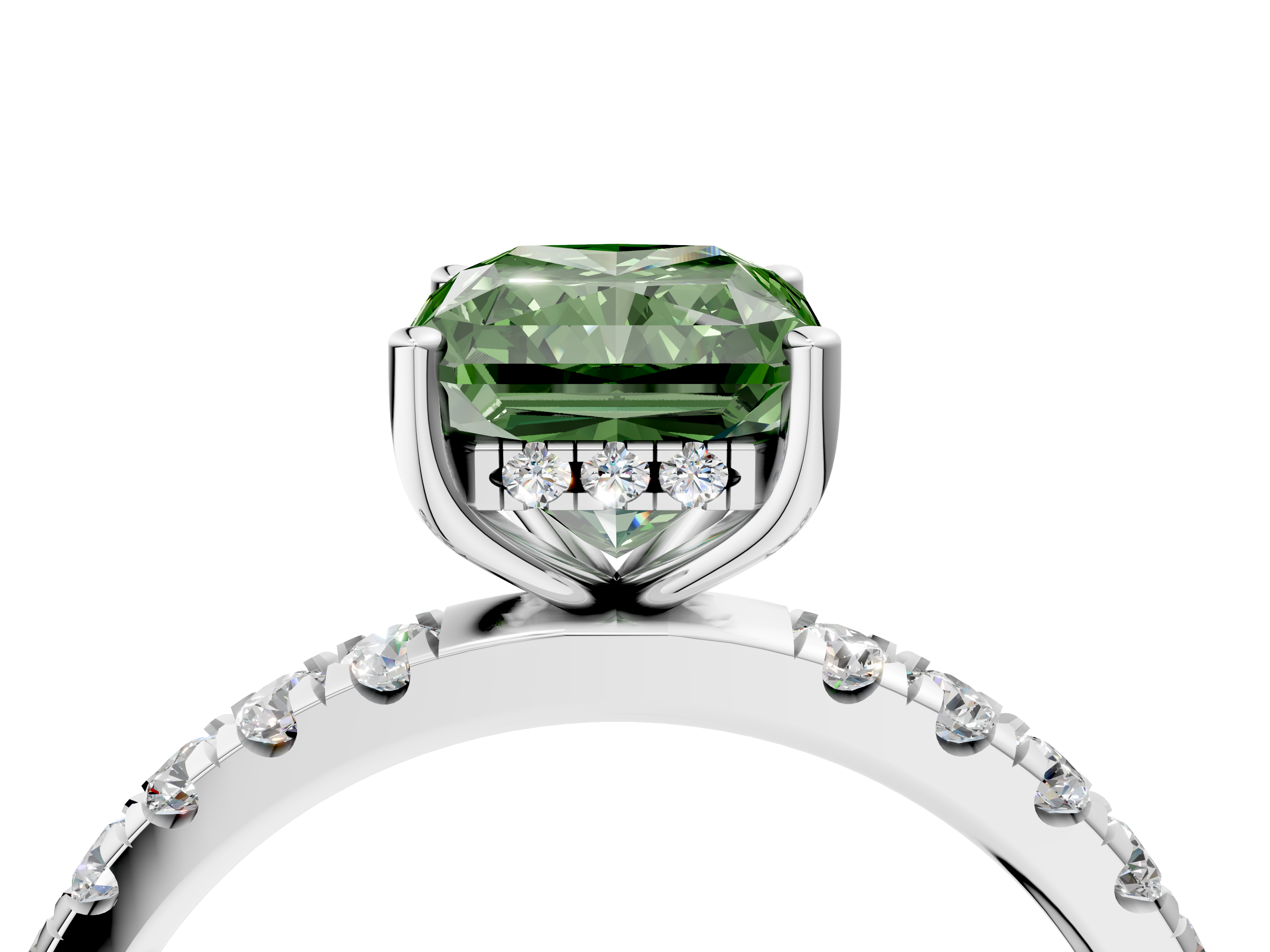 White gold Fancy Green Radiant  Cut Diamond Pave Band Solitaire Ring with Four-Prong Setting_28