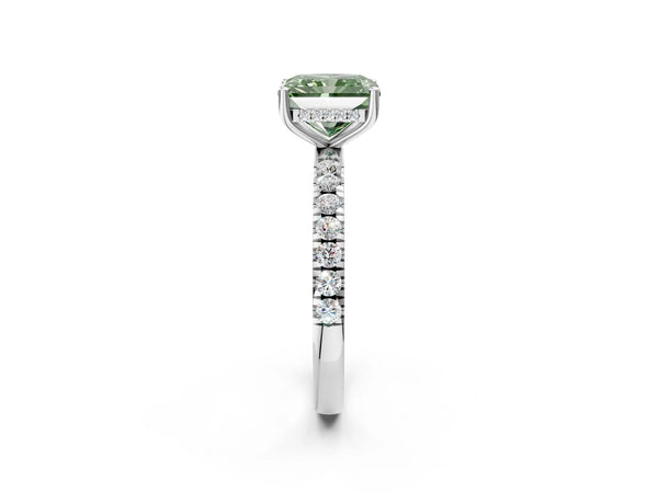 Platinum Fancy Green Radiant Cut Diamond Pave Band Solitaire Ring with Round  and Prong Setting